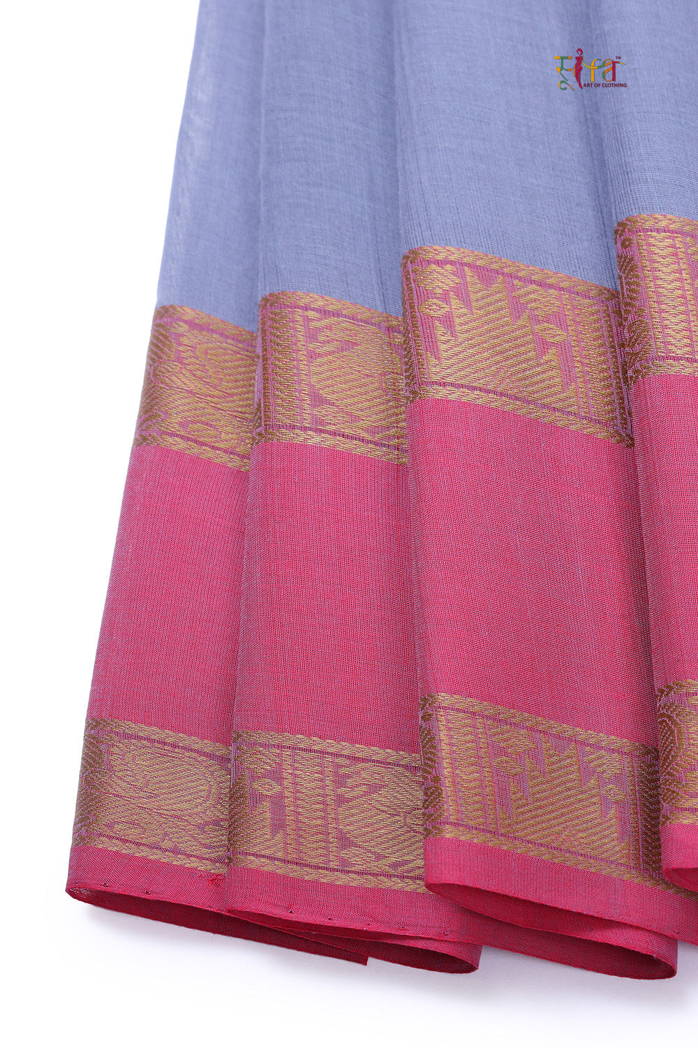 Handloom Grey Pure Cotton Kanchi Saree With Rouge Pink Border