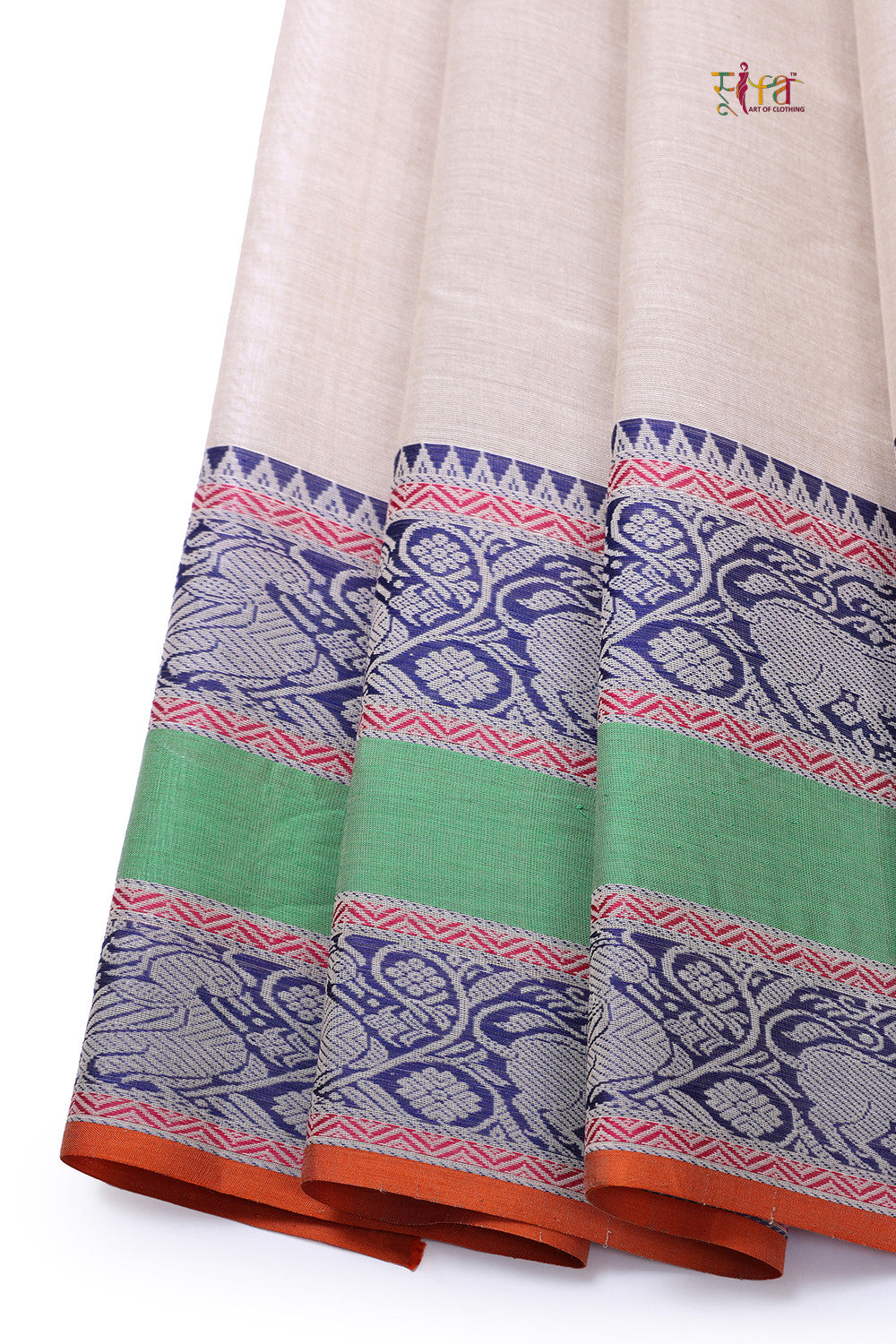 Handloom Water Chestnut Cream Pure Cotton Kanchi Saree With Generous Border