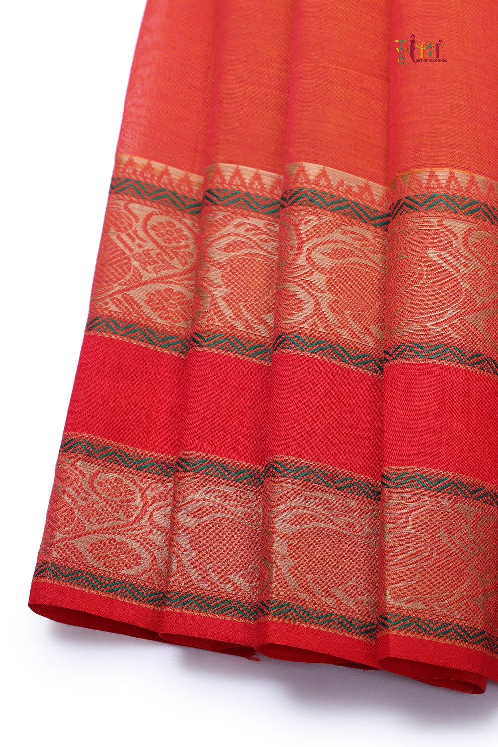 Handloom Coral Red Pure Cotton Kanchi Saree With Generous Border