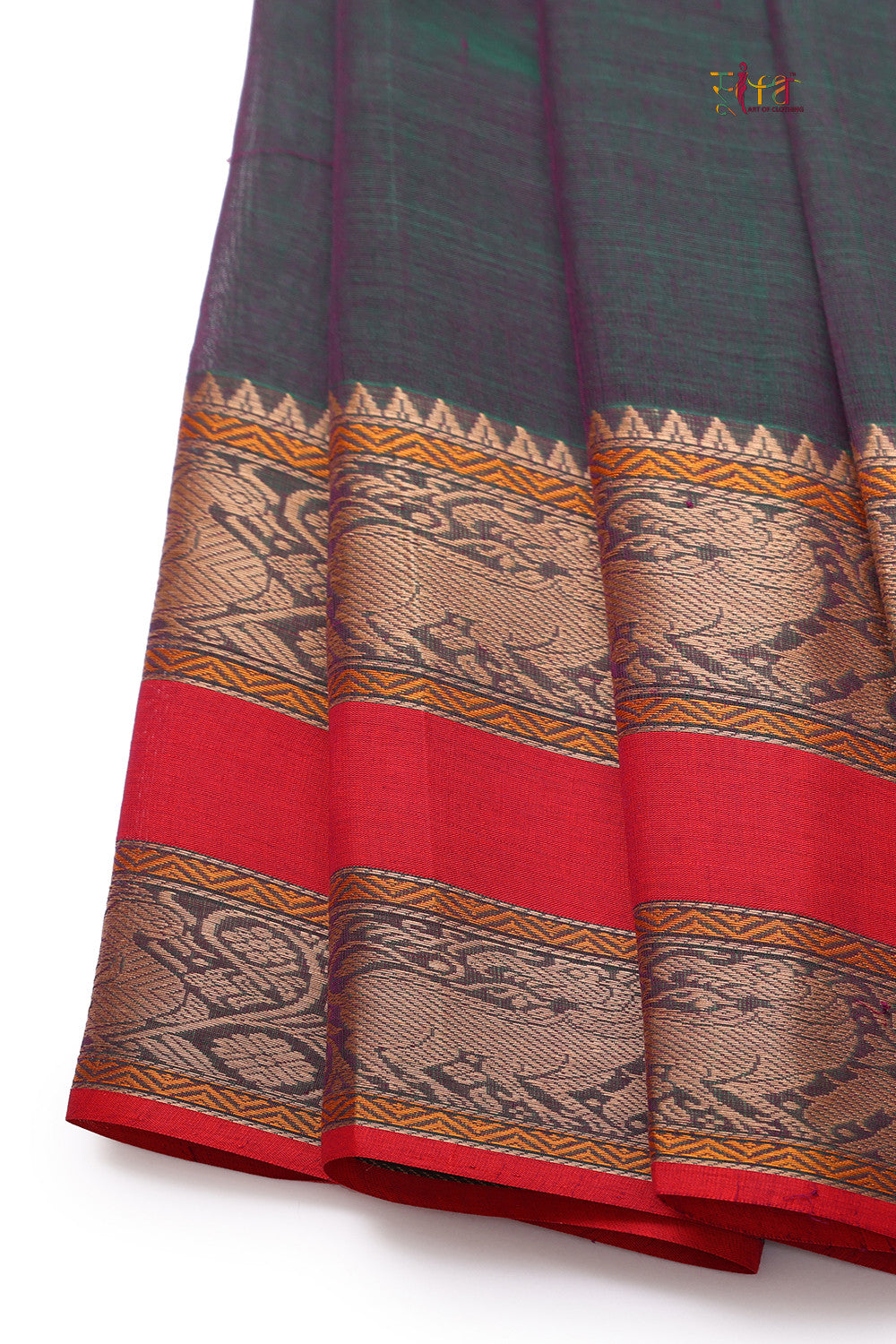 Handloom Dark Green Cotton Kanchi Saree