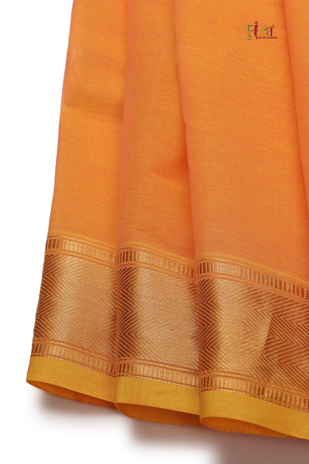 Handloom Amber Orange Pure Cotton Kanchi Saree With Zari Border And Motifs