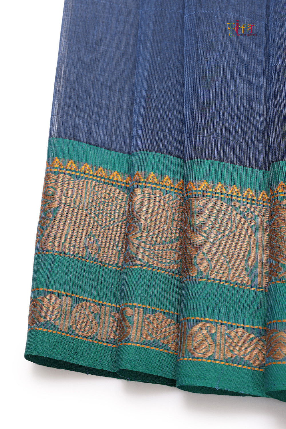 Marine Blue Pure Cotton Handloom Kanchi Saree With Generous Border