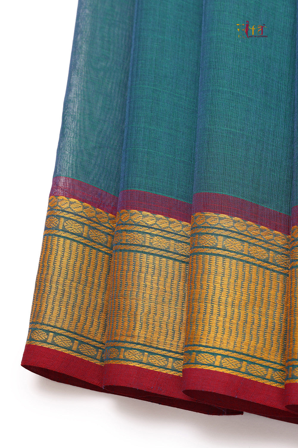 Handloom Emerald Green Pure Cotton Saree With Gold Zari Border & Pallu