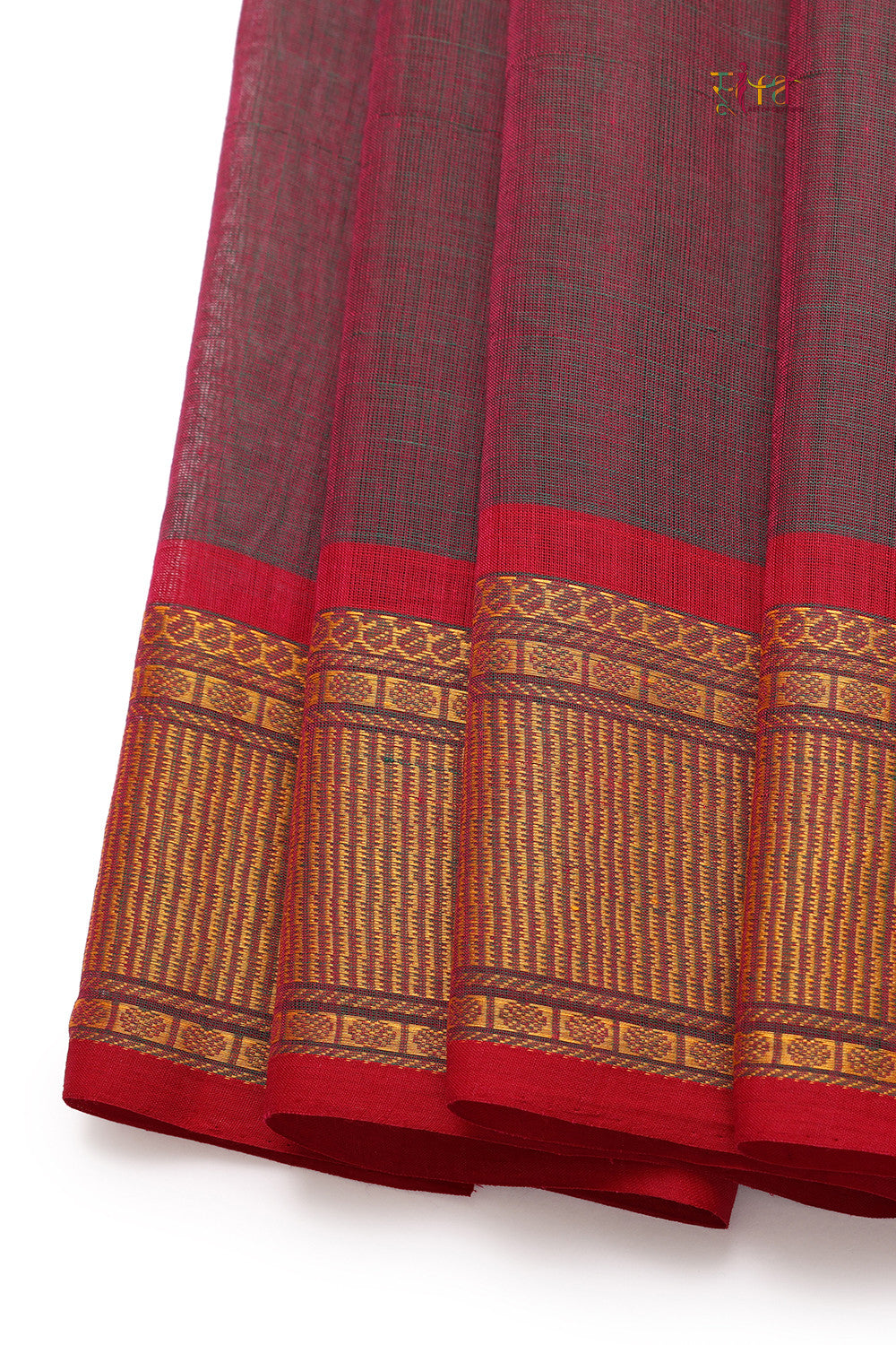 Handloom Wine Pure Cotton Saree With Gold Zari Border & Pallu