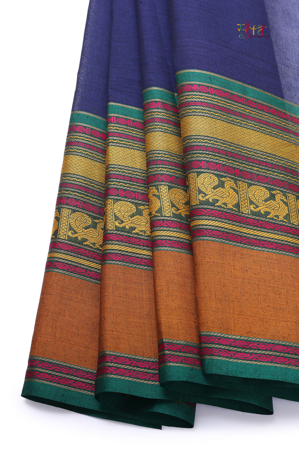 Handloom Navy Blue Pure Cotton Kanchi Saree With Pink & Orange Border