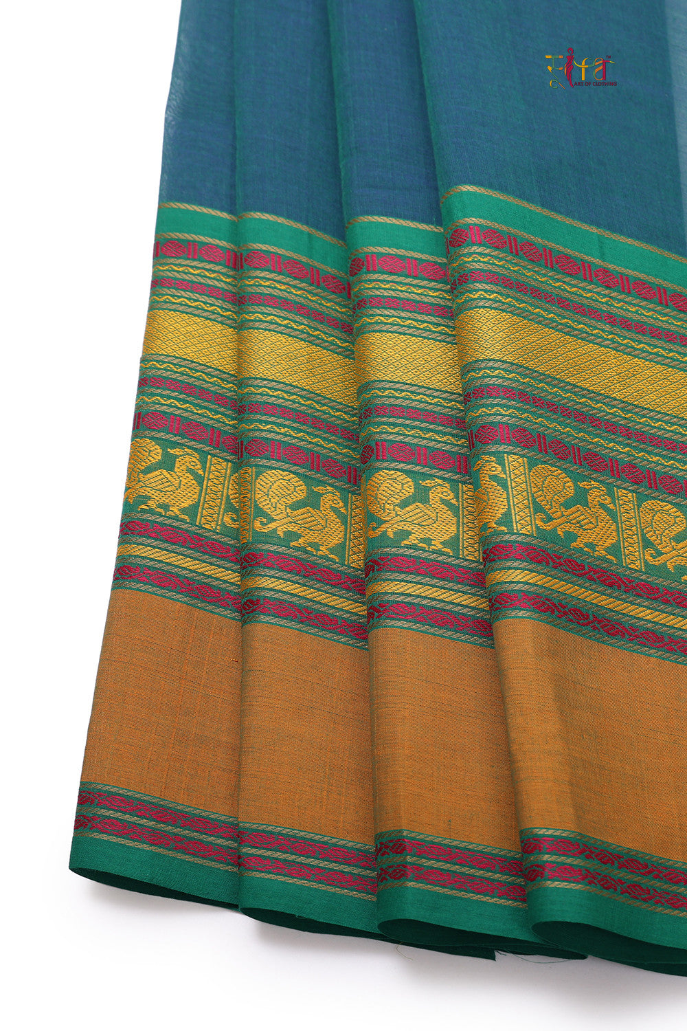 Handloom Blue Green Pure Cotton Kanchi Saree With Generous Border