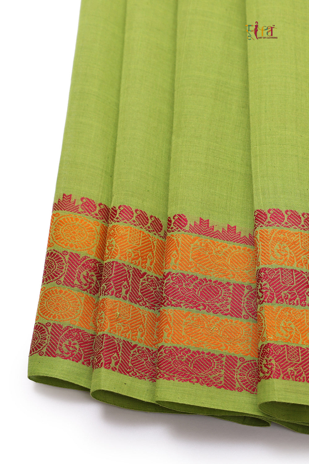 Handloom Parrot Green Pure Cotton Kanchi Saree With Generous Border