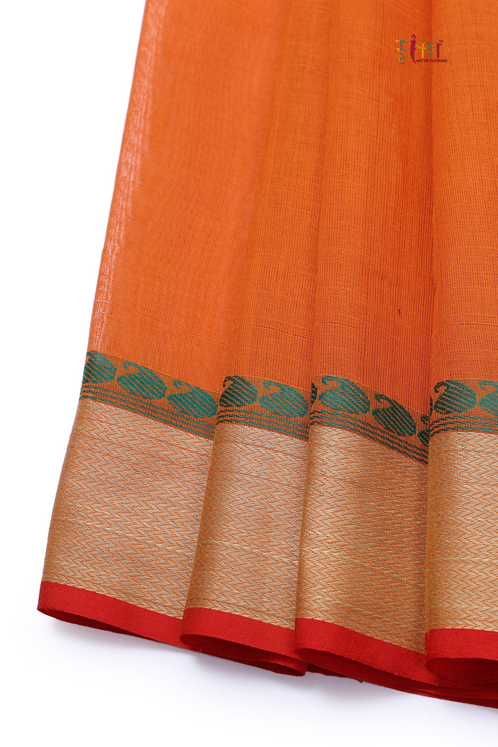 Handloom Orange Pure Cotton Kanchi  Saree