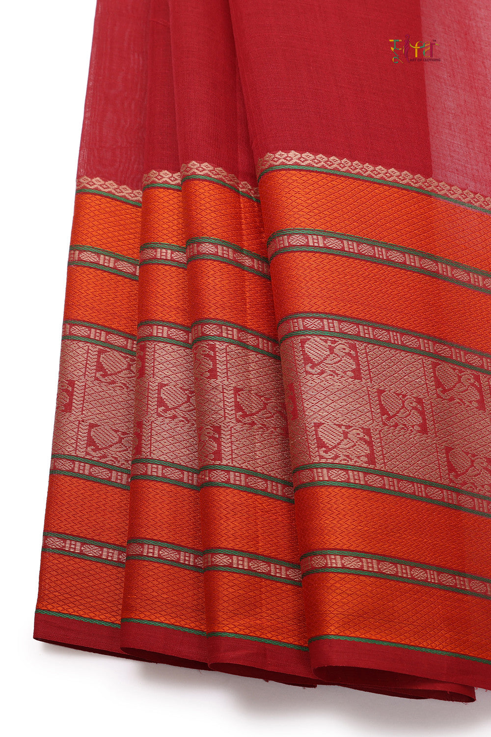 Fire Brick Red Handloom Pure Cotton Kanchi Saree With Generous Border