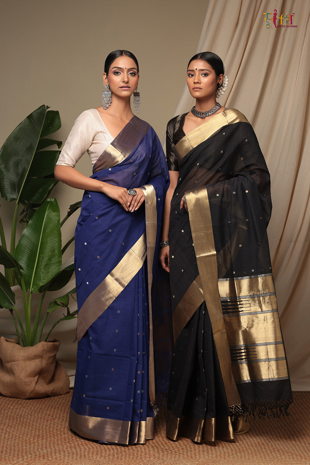 Handloom Ink Black Pure Cotton Kanchi Contemporary Saree With Golden Zari Motifs & Border