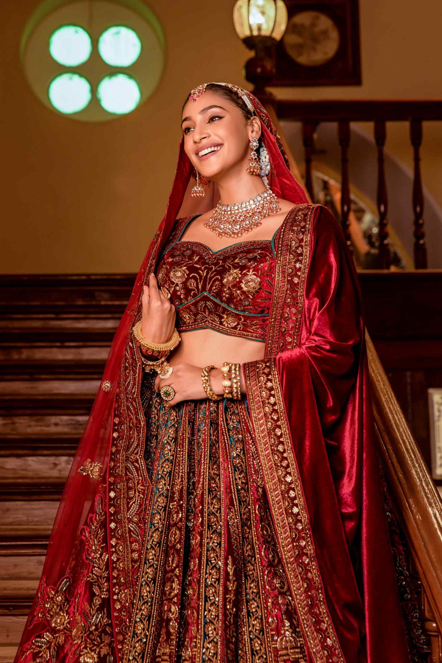 Red Velvet Sequins Embroidered Indian Bridal lehenga