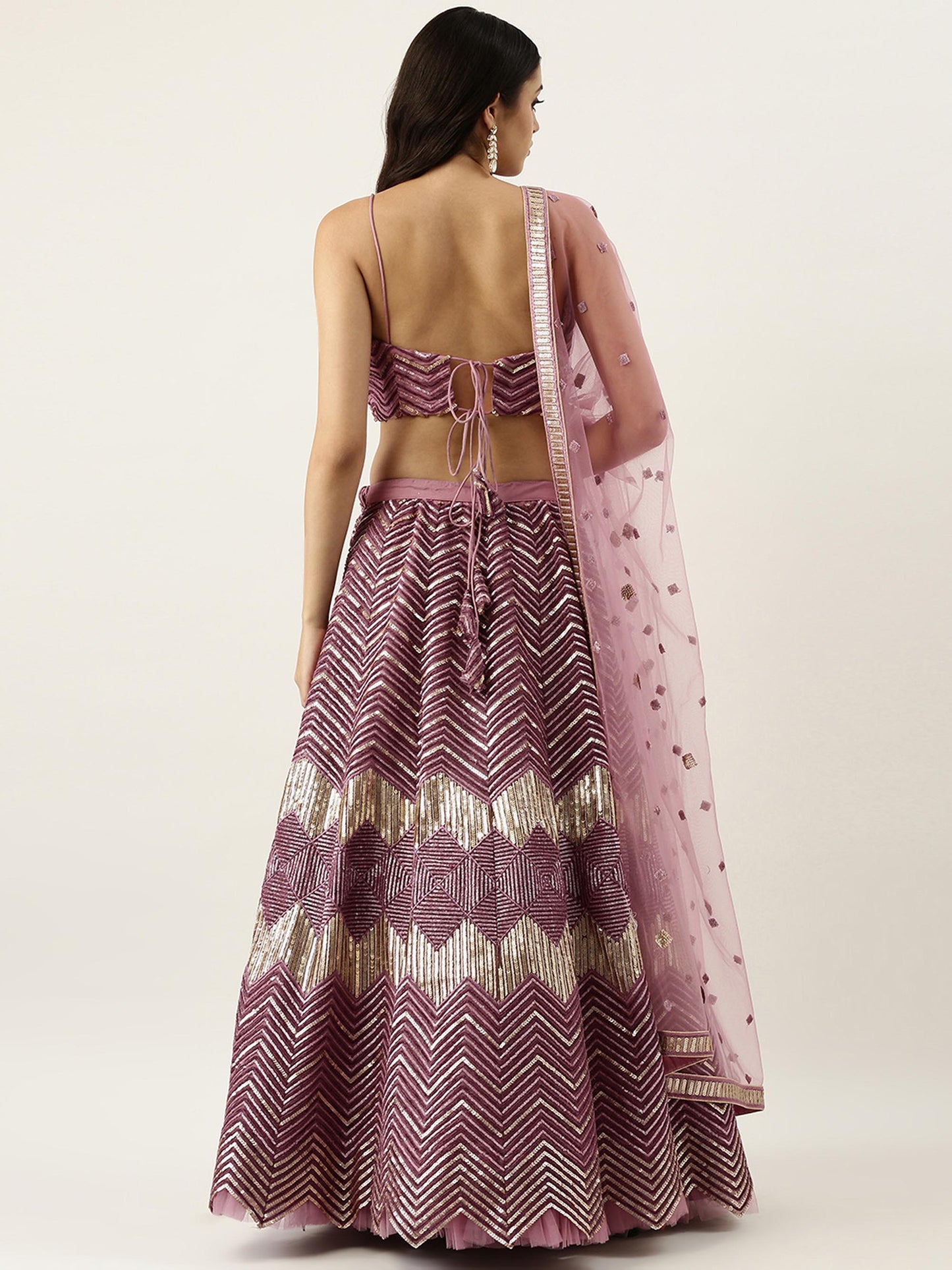 Lavender - Net Embroidered Semi-Stitched Lehenga with Zig-Zag Pattern