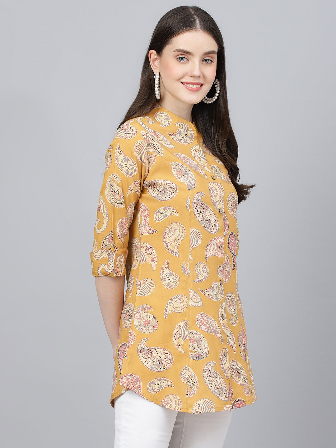 Mastard Yellow Print Mandarin Collar Roll-Up Sleeves Shirt Style Top