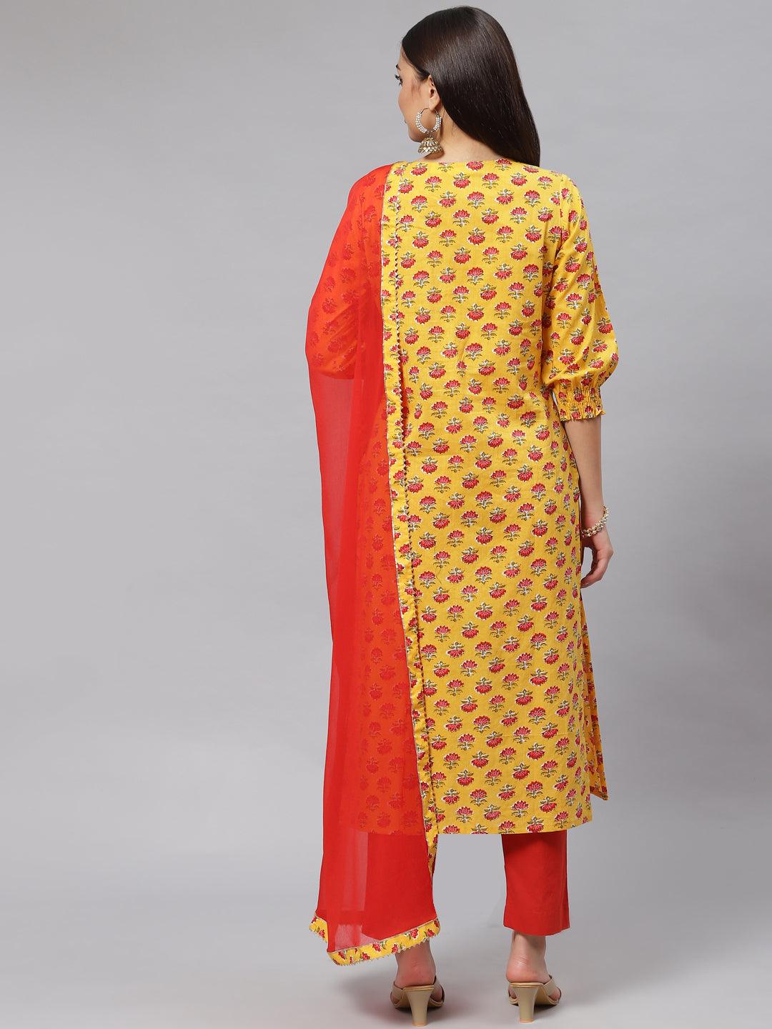 Divena Yellow Floral Cotton Kurta Pant Set with Dupatta - divena world-Mohi