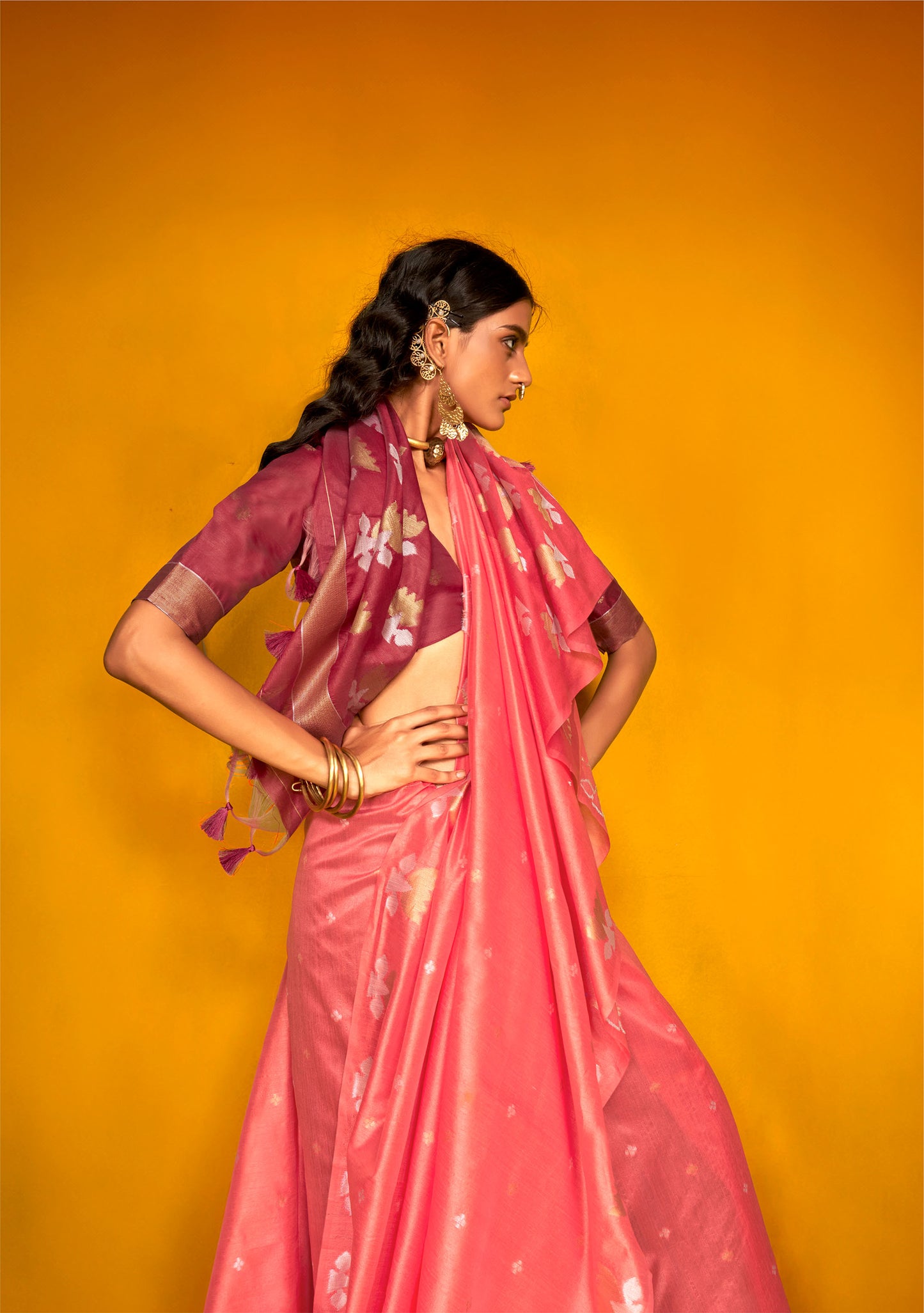 Pink Krystal Lotus Tussar Handloom Saree