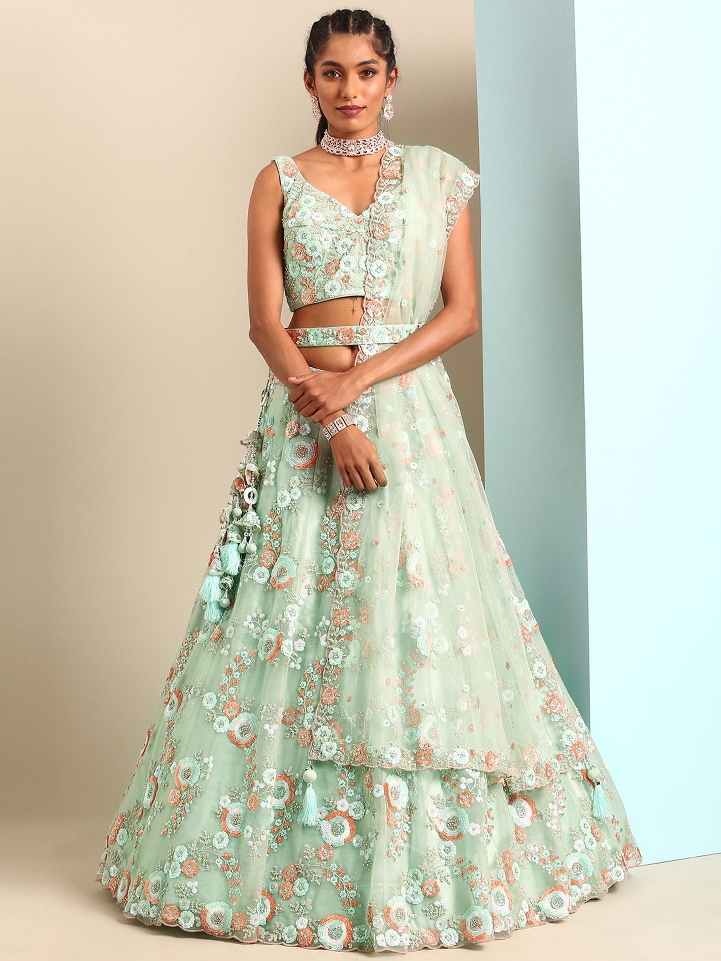 Sea Green Net Sequins and Zarkan embroidery Lehenga