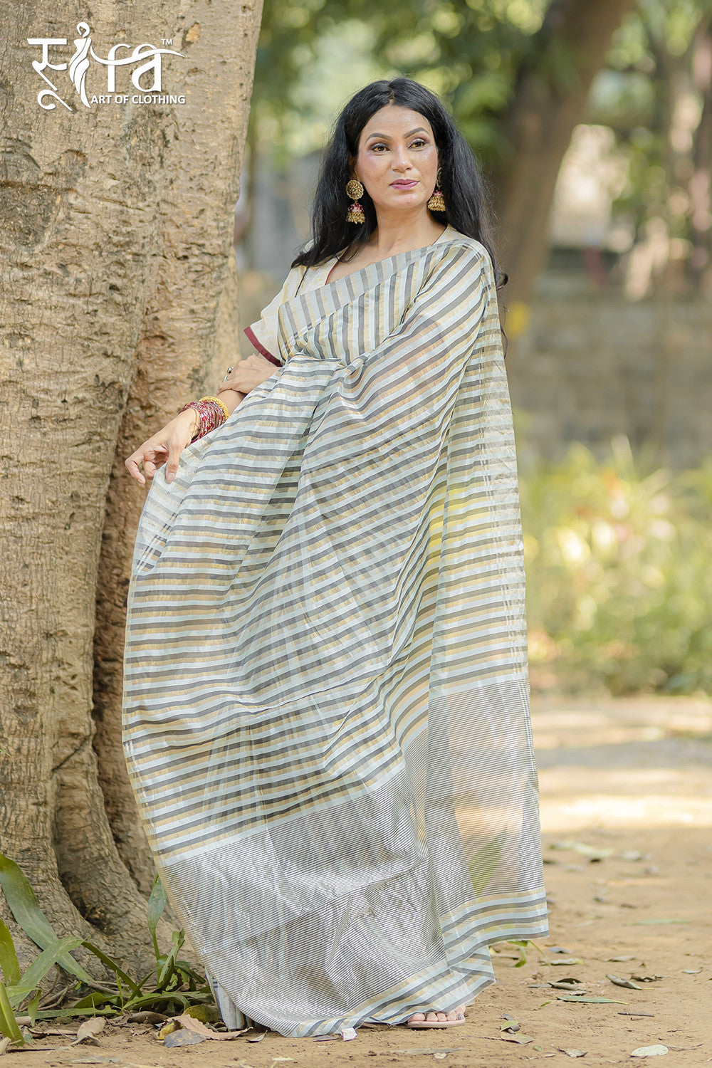 Handloom Gold & Silver Stripes Katan Silk Chanderi Saree