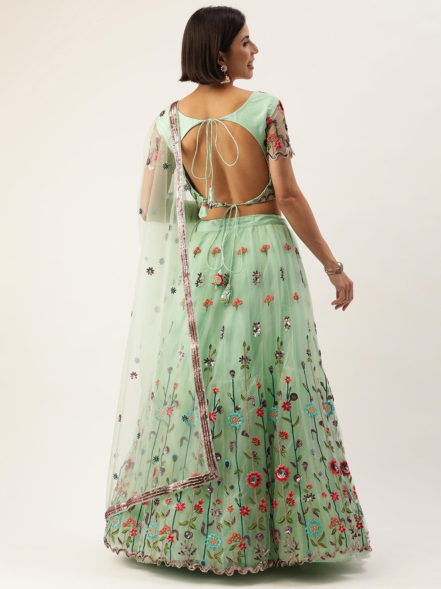 Seagreen - Net Sequin Embroidered Semi-Stitched Lehenga