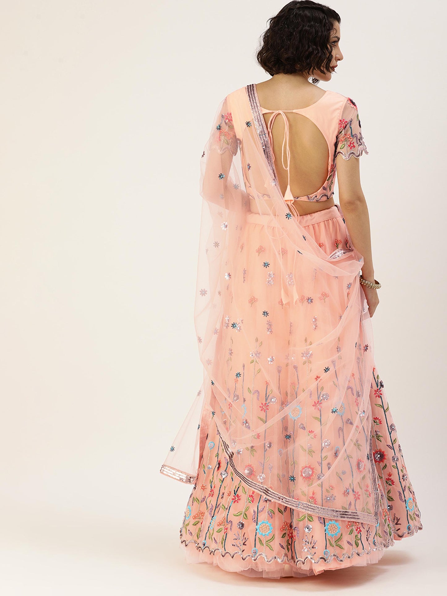 Women Peach Net Sequinse Embroidered Semi-Stitched Lehenga & Blouse with Dupatta