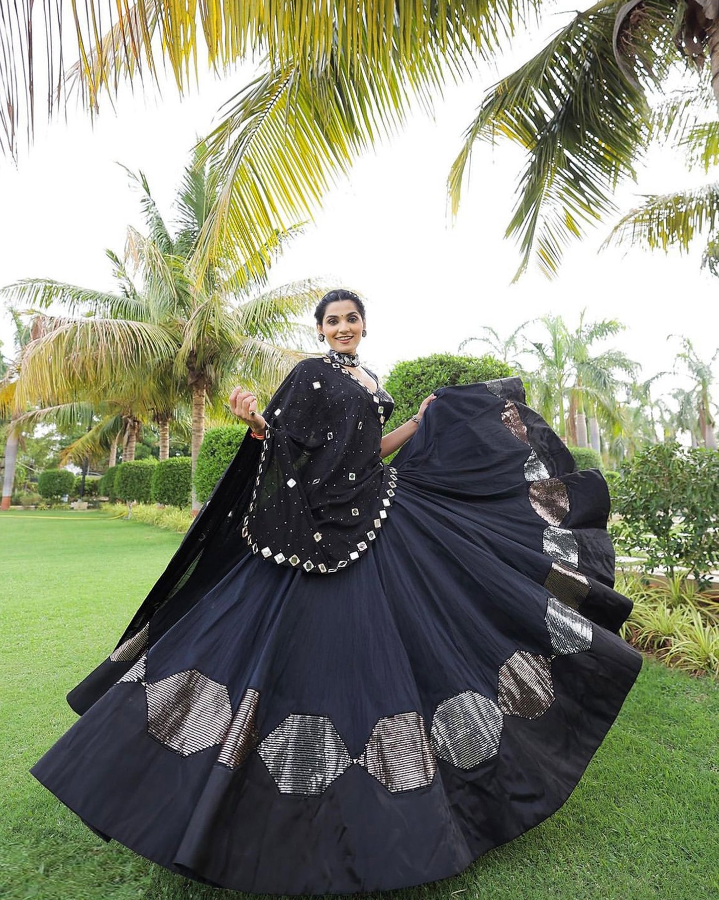 Black Pure Cotton Silk Sequins Embroidered Navratri Lehenga