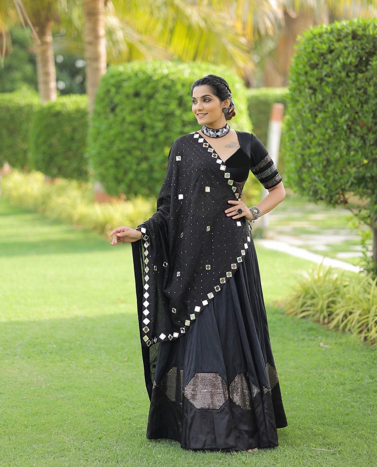 Black Pure Cotton Silk Sequins Embroidered Navratri Lehenga