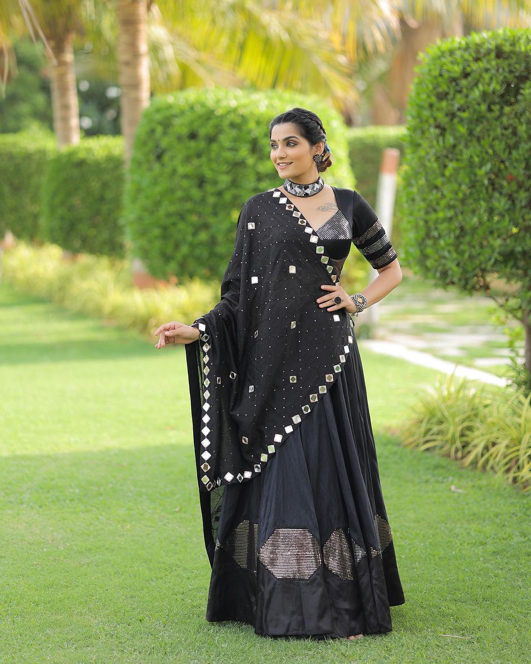 Black Mirror & Sequins Work Cotton Silk Navratri Chaniya Choli