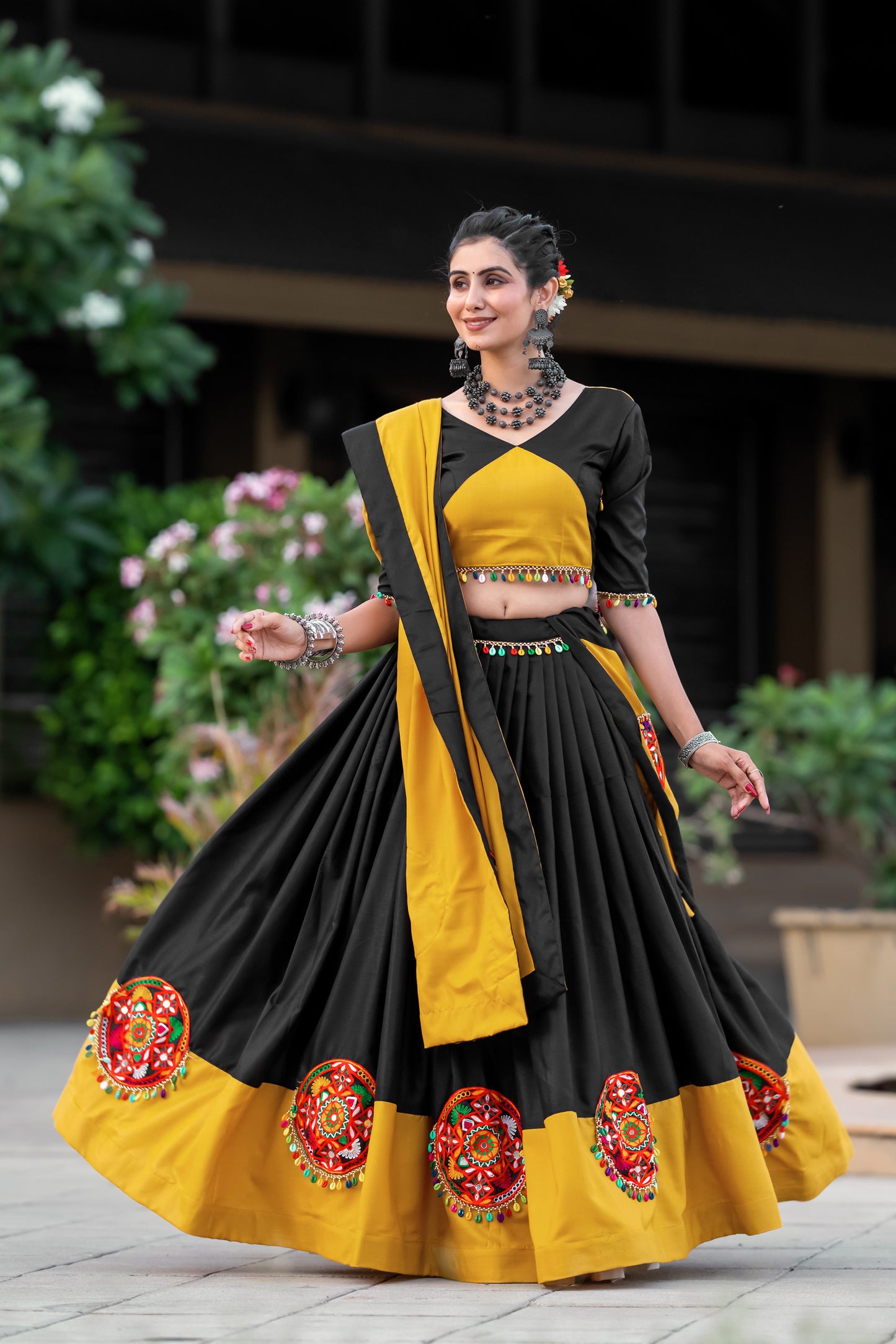 Yellow Pure Cotton Gamthi and Mirror work Navratri Lehenga