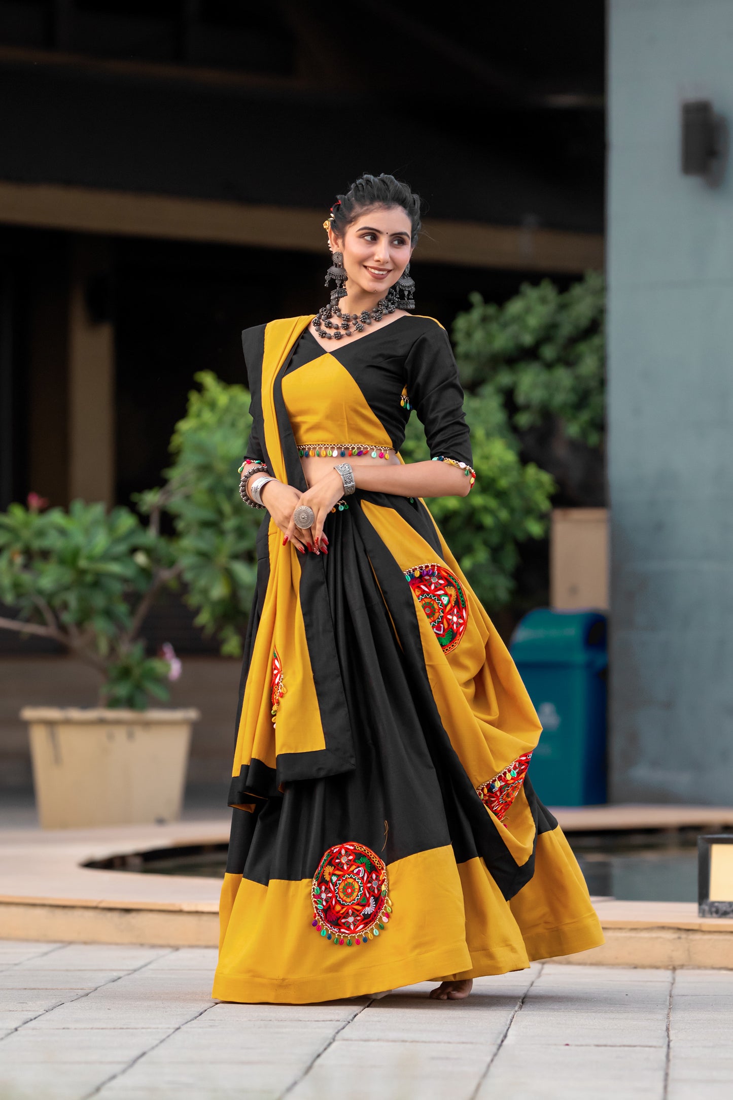 Yellow Pure Cotton Gamthi and Mirror work Navratri Lehenga