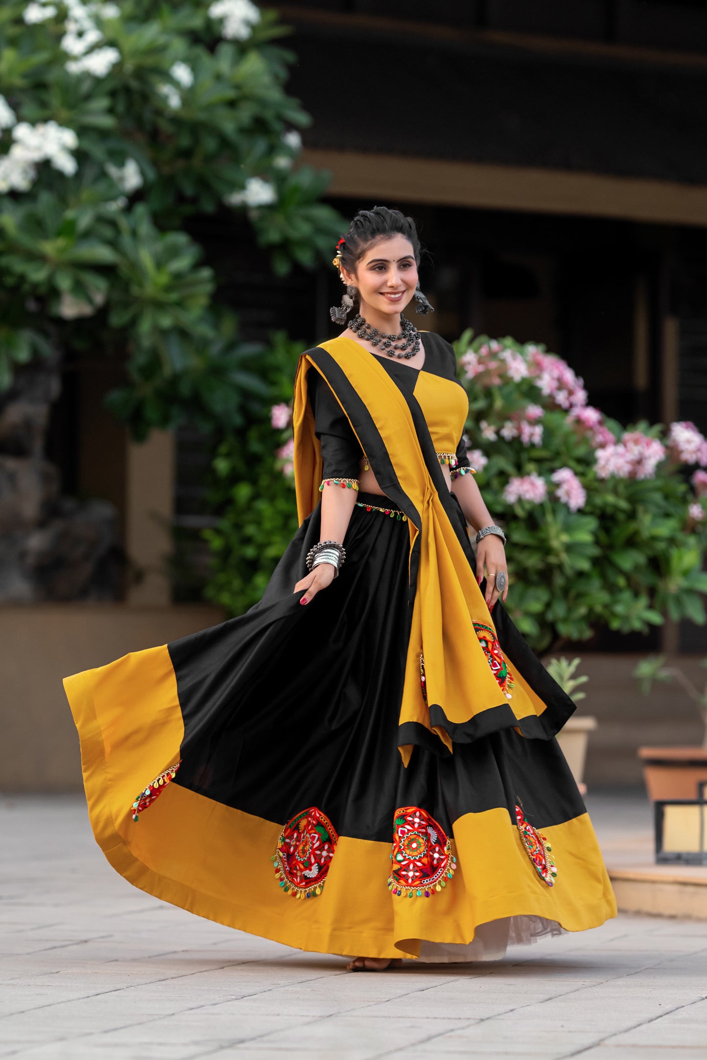 Yellow Pure Cotton Gamthi and Mirror work Navratri Lehenga