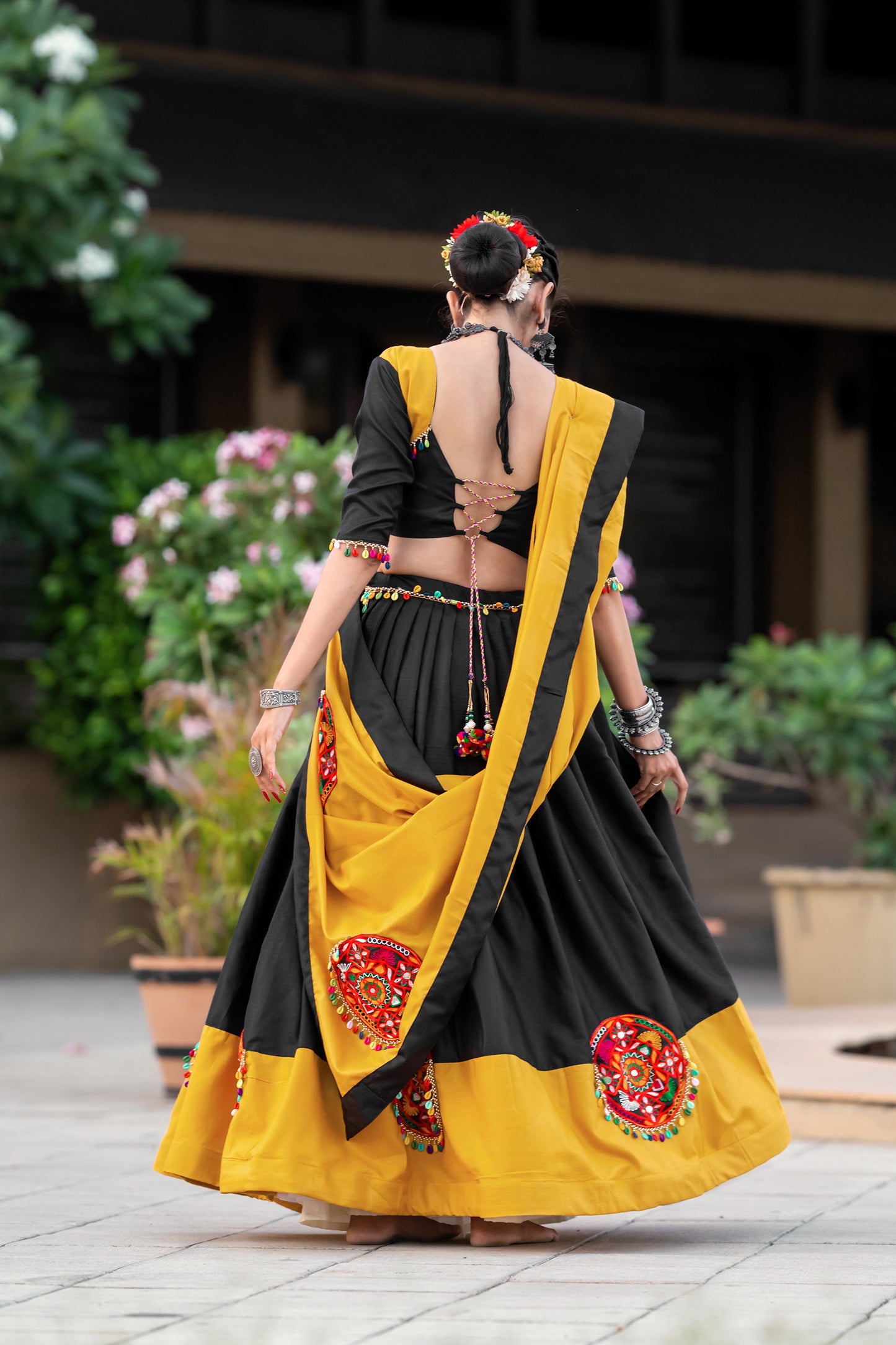 Yellow Pure Cotton Gamthi and Mirror work Navratri Lehenga