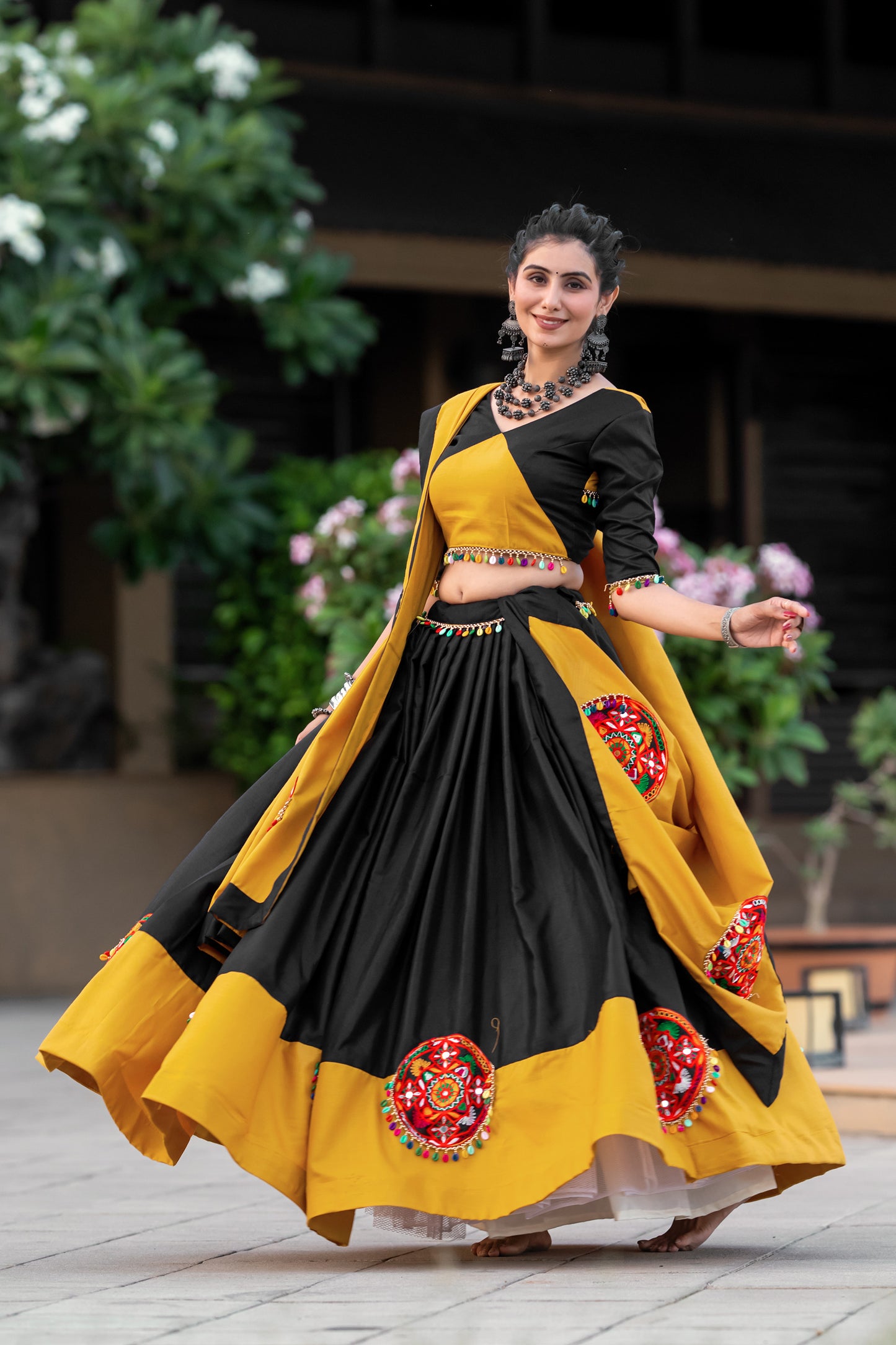 Yellow Pure Cotton Gamthi and Mirror work Navratri Lehenga