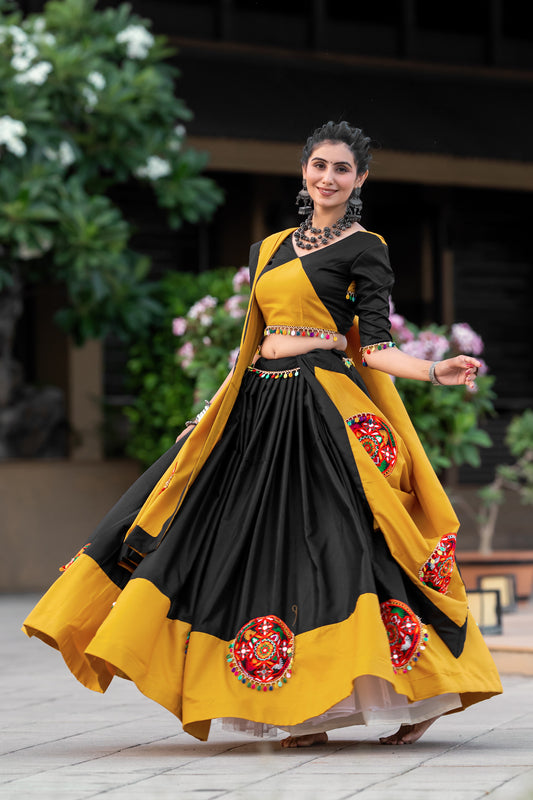 Yellow Pure Cotton Gamthi and Mirror work Navratri Lehenga