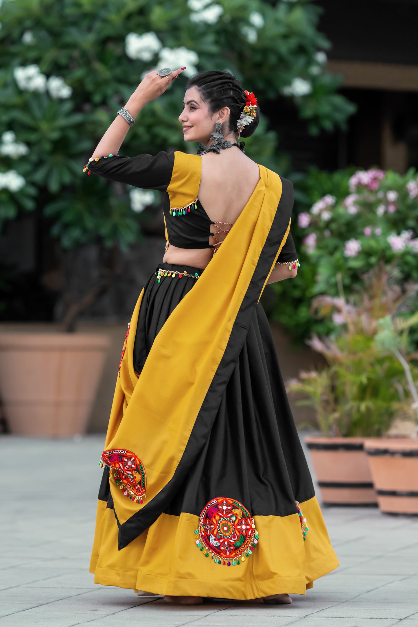 Yellow Pure Cotton Gamthi and Mirror work Navratri Lehenga