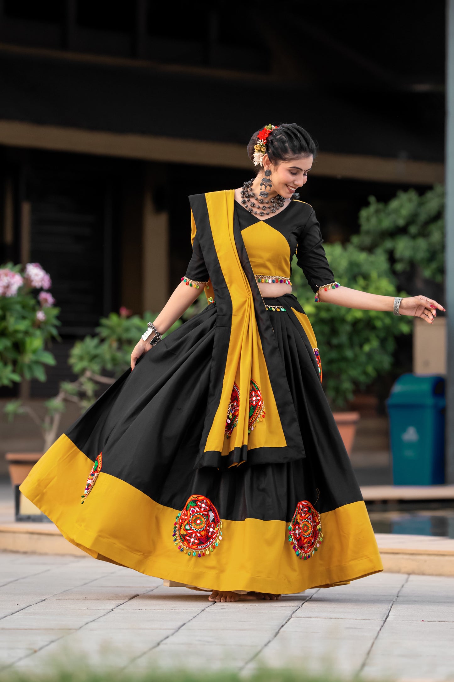 Yellow Pure Cotton Gamthi and Mirror work Navratri Lehenga