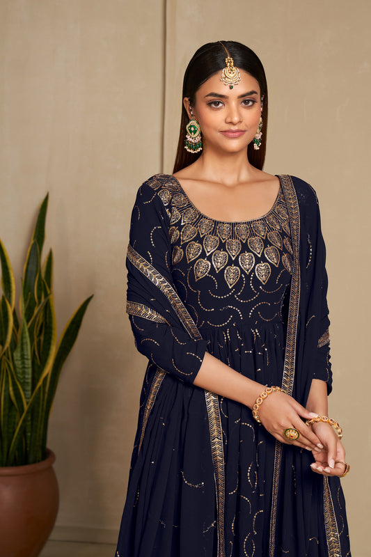 Navy Blue Faux Georgette Sequins Embroidery Gown