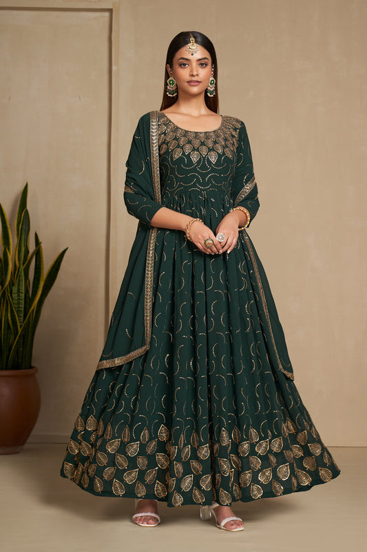 Green Faux Georgette Sequins Embroidery Gown