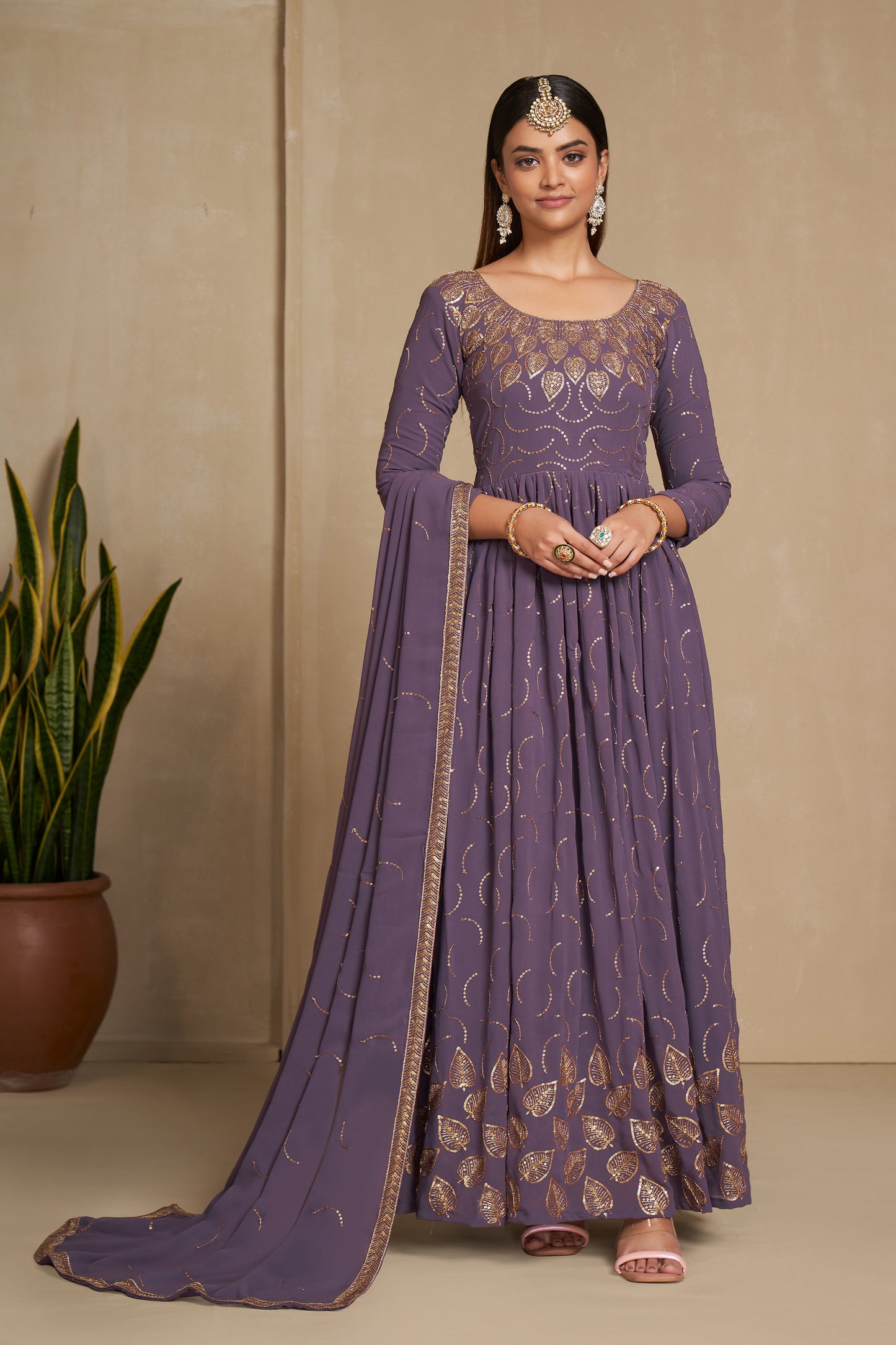 Purple Faux Georgette Sequins Embroidery Gown