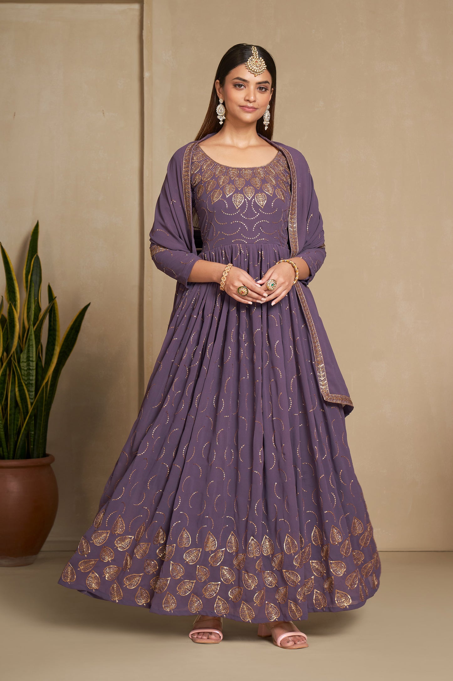 Purple Faux Georgette Sequins Embroidery Gown