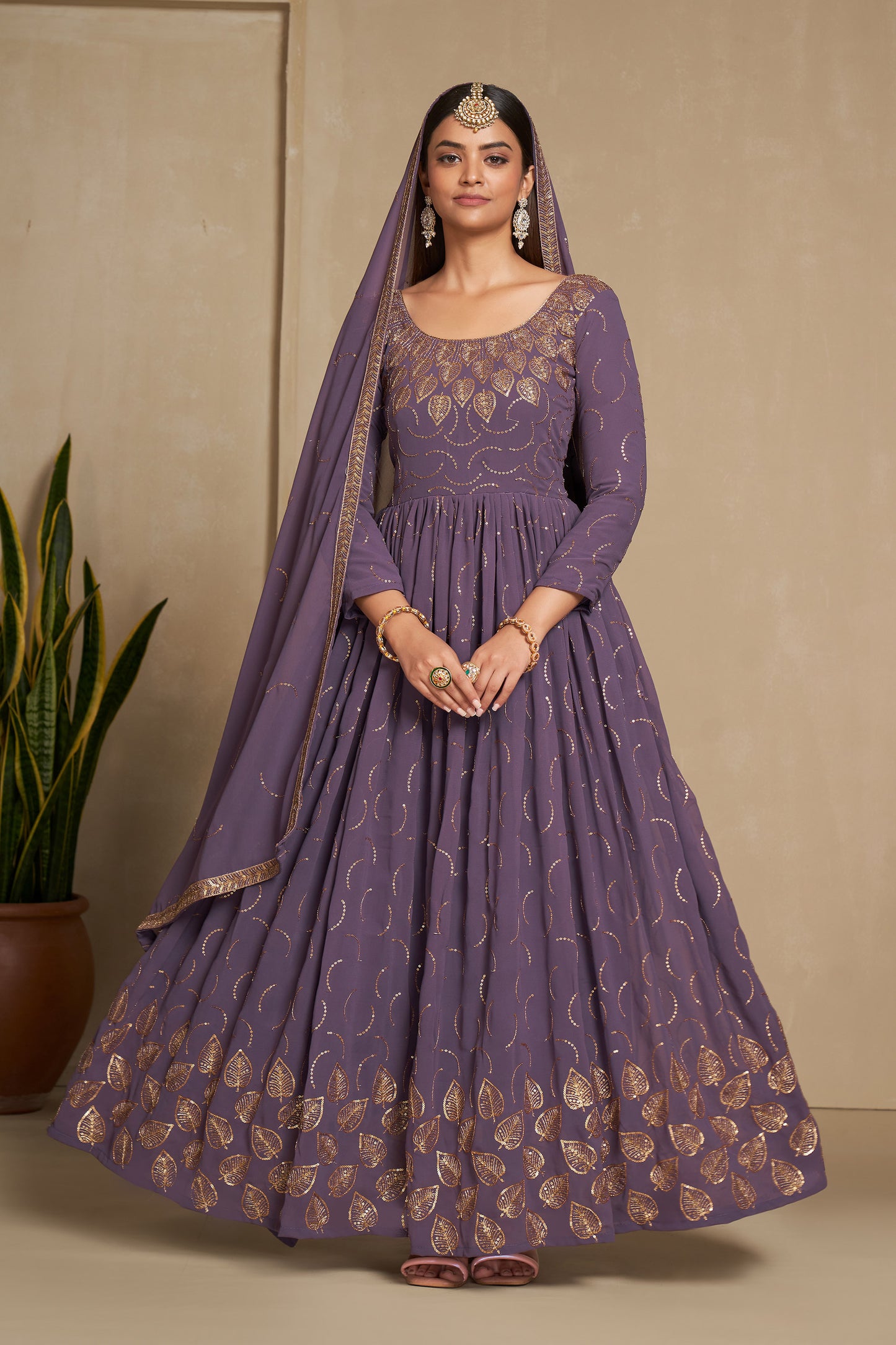 Purple Faux Georgette Sequins Embroidery Gown