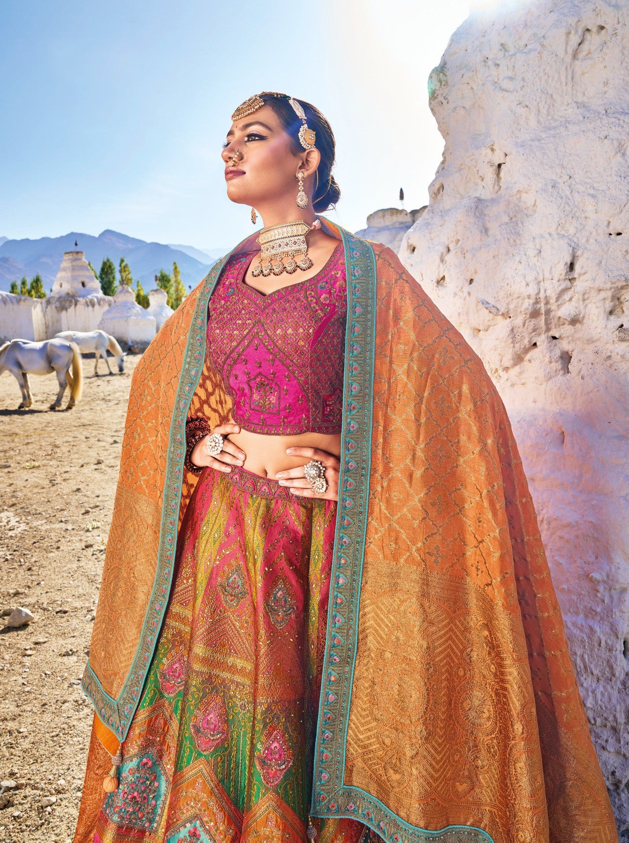 Multi Color Sequins Embroidered Banaras Silk Bridal Lehenga