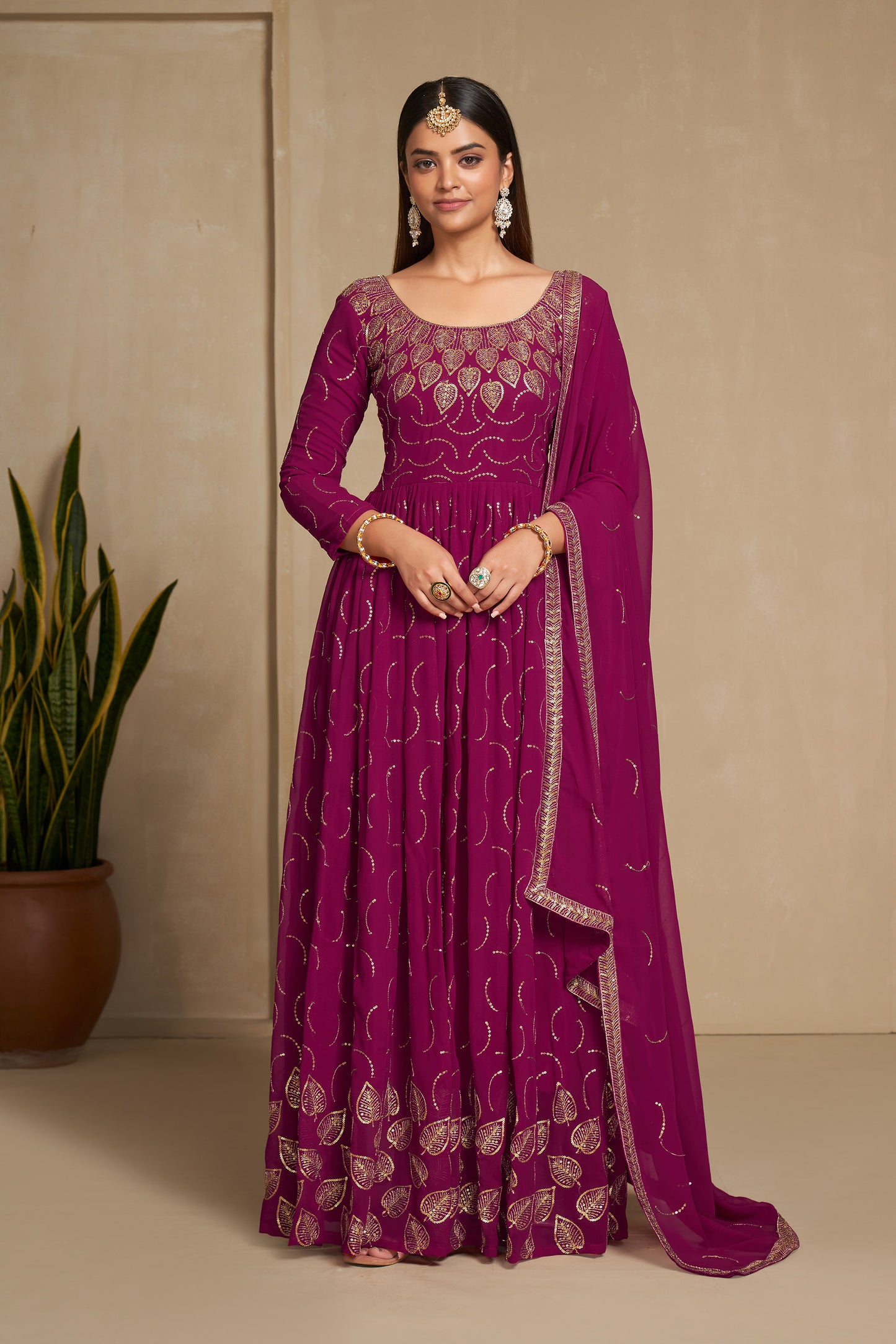 Cherry Pink Faux Georgette Sequins Embroidery Gown