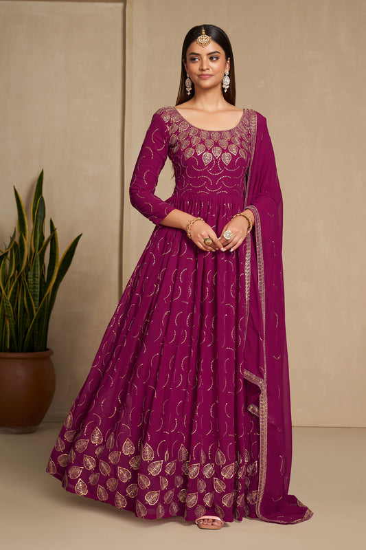 Cherry Pink Faux Georgette Sequins Embroidery Gown