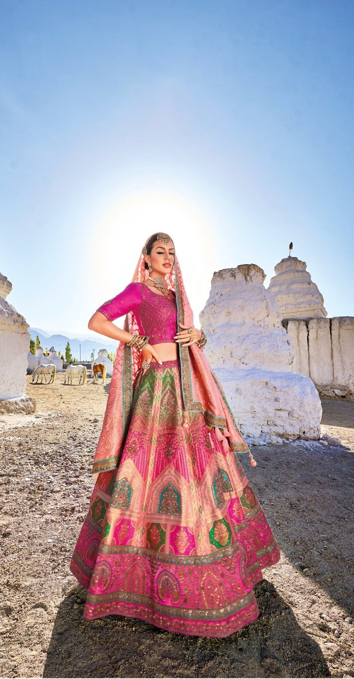 Dark Pink and Peach Color Sequins Embroidered Banaras Silk Bridal Lehenga