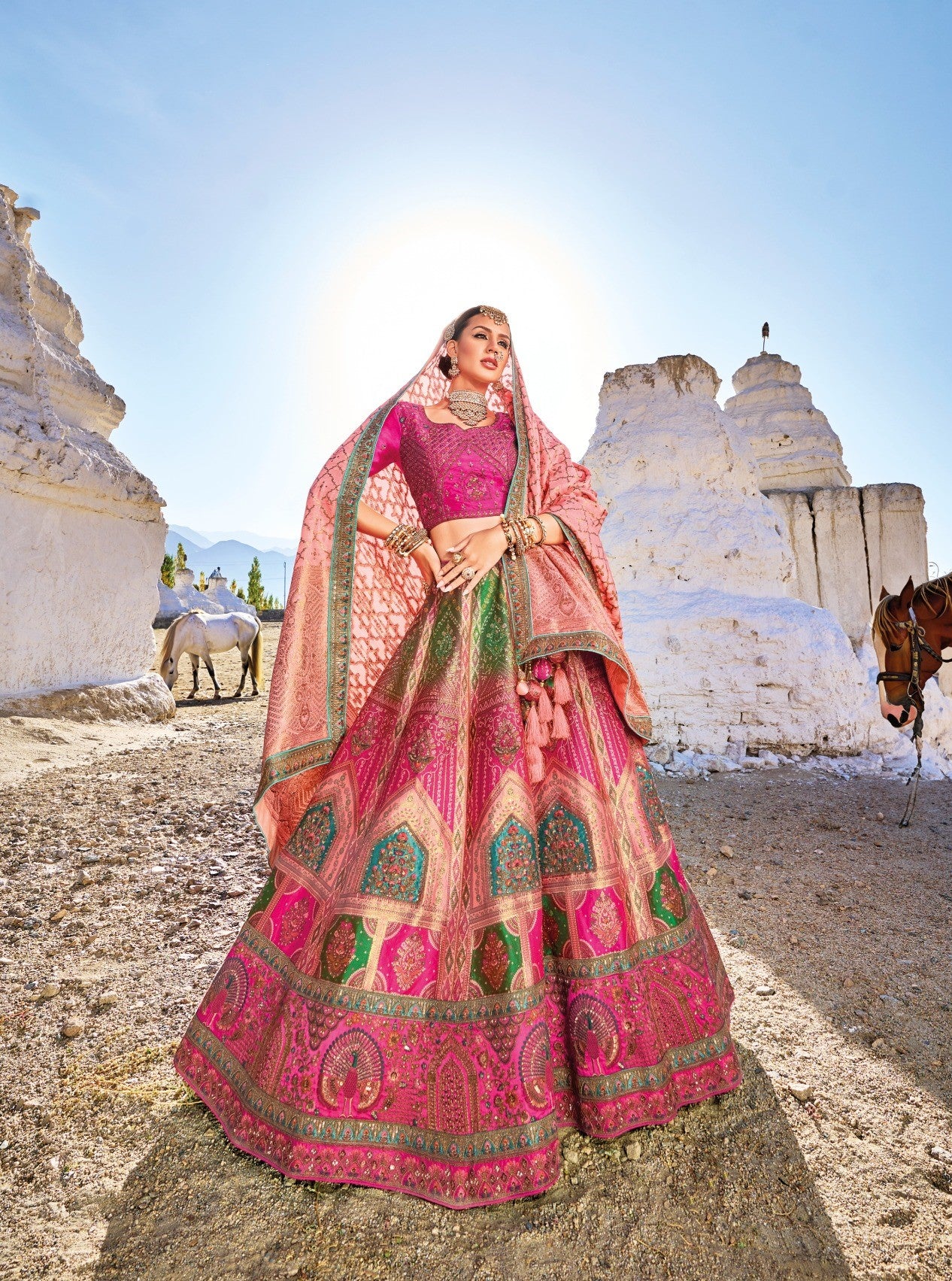 Dark Pink and Peach Color Sequins Embroidered Banaras Silk Bridal Lehenga