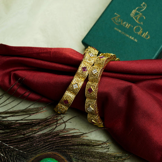 Rajkumari Antique Gold Bangles with Ruby & Diamond