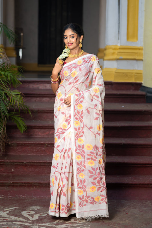 Handloom White & Red Pure Cotton Yellow Floral Motifs Jamdani Saree