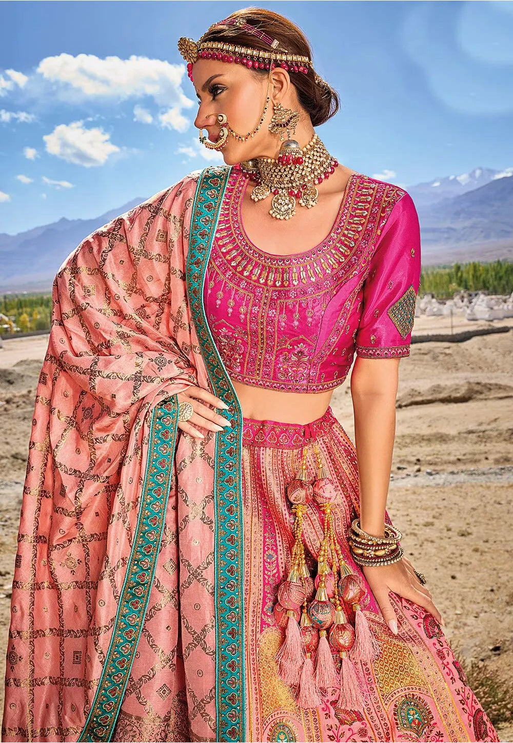 Pink Zari, Resham Art Silk A line Bridal Lehenga Ladakh Series