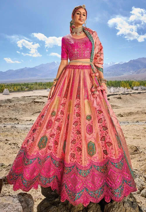 Pink Zari, Resham Art Silk A line Bridal Lehenga Ladakh Series