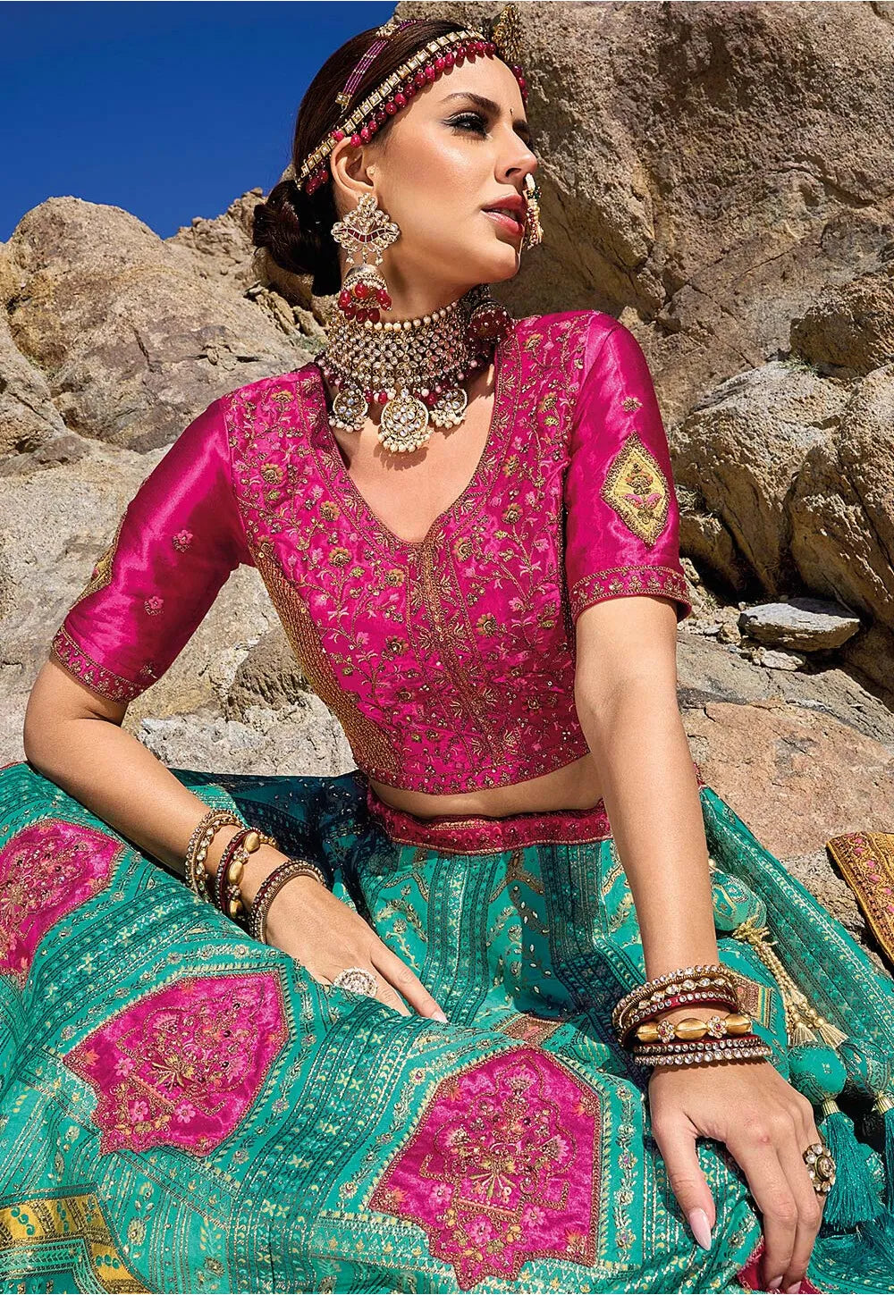 Pink & Green Zari, Resham Art Silk A line Bridal Lehenga Ladakh Series