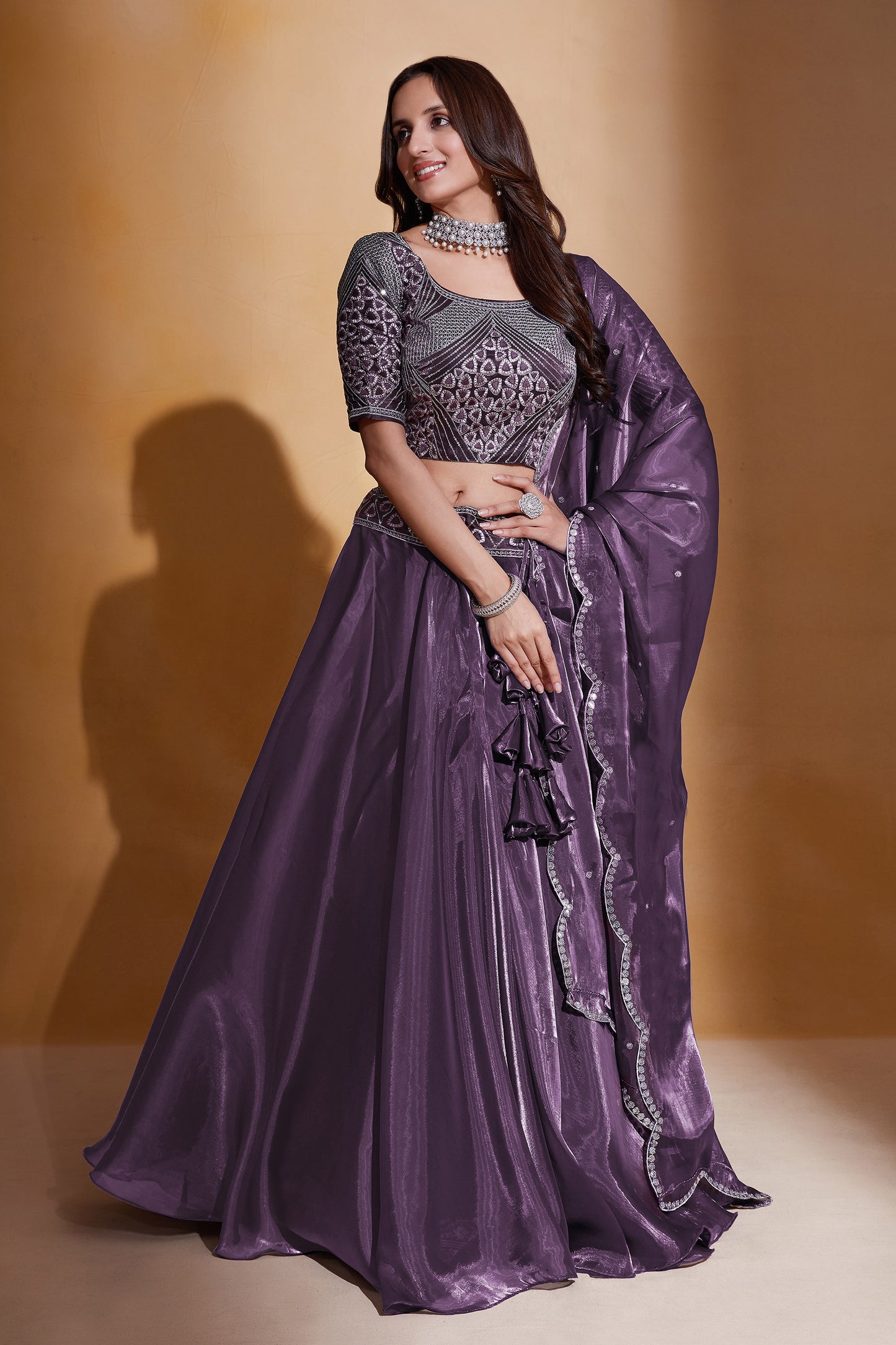 Purple Organza Silk Sequins Embroidery Lehenga